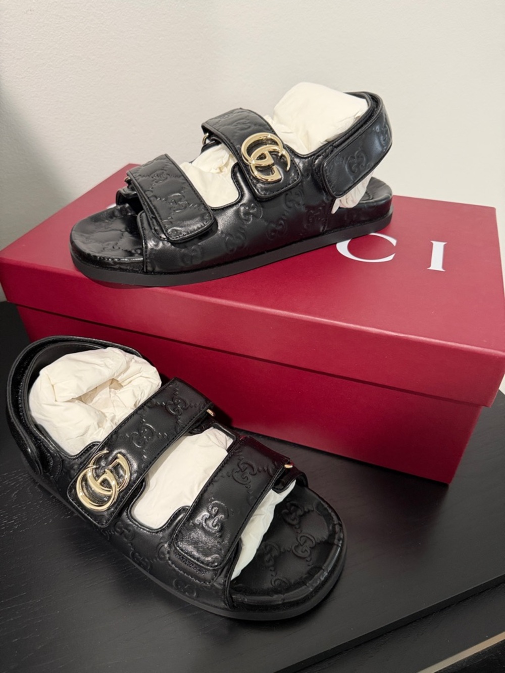 Gucci Black Embossed Leather Double-Strap Sandals with Gold GG